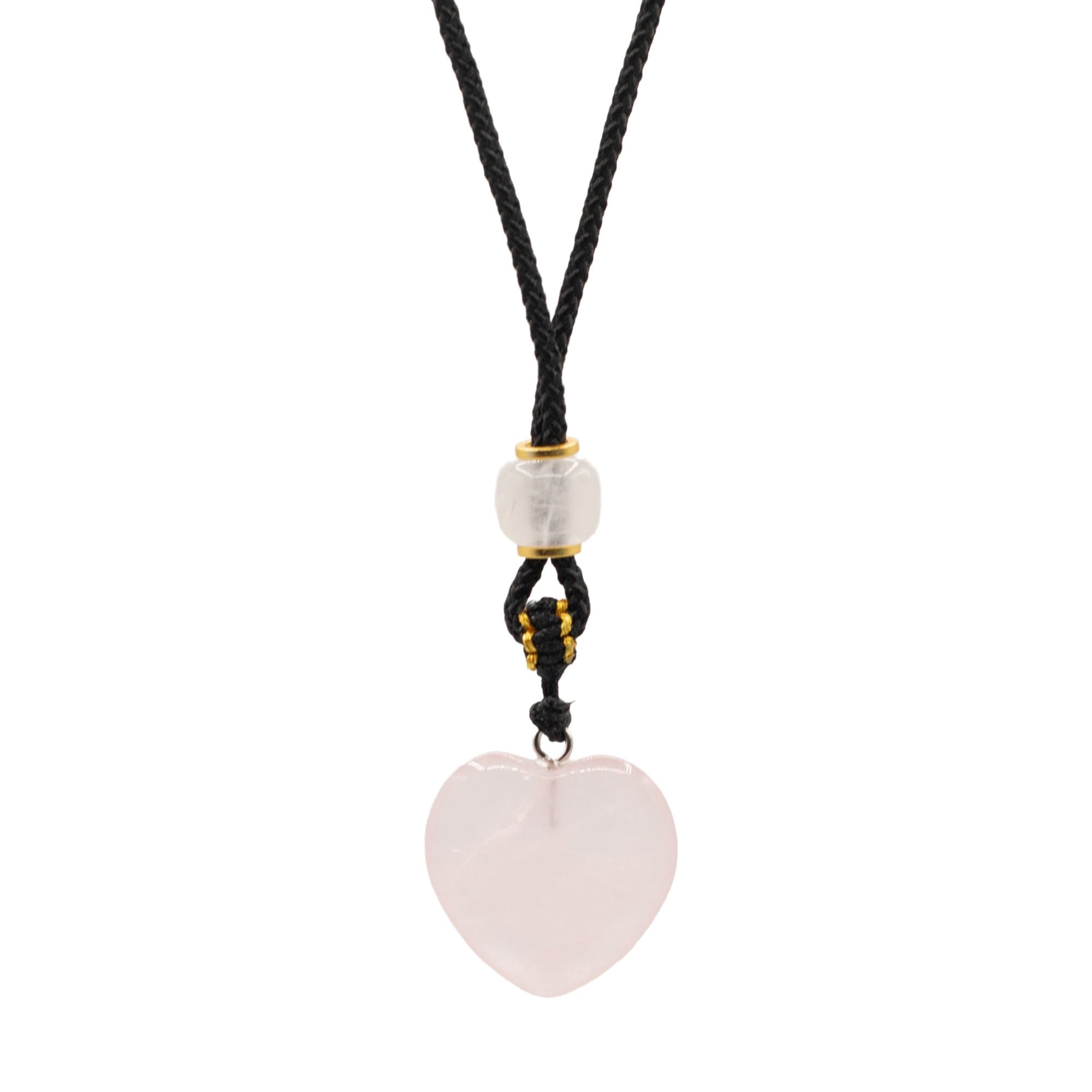 Collier de corde avec pendentif en pierres précieuses - Coeur de quartz rose